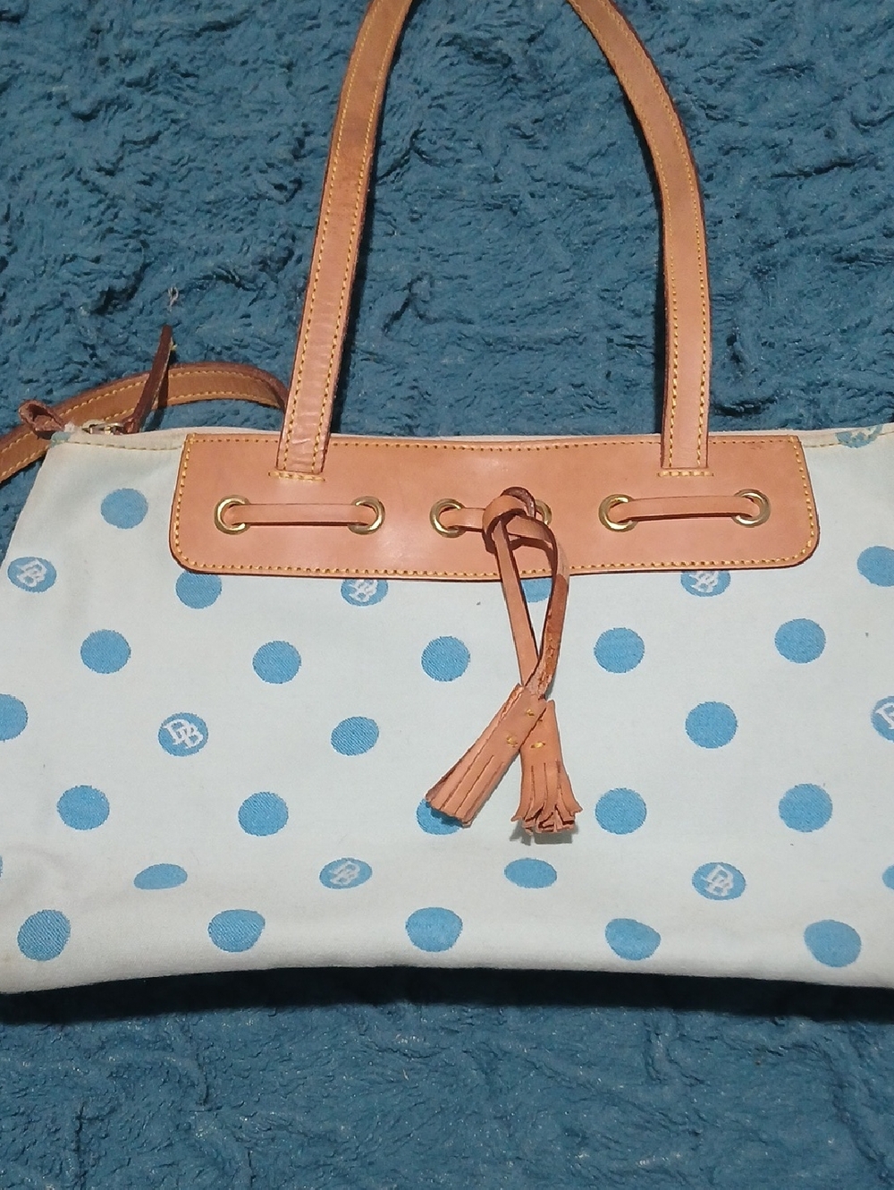 Dooney & Bourke Light Blue Polka Dot Canvas Tote with Tan Leather Trim